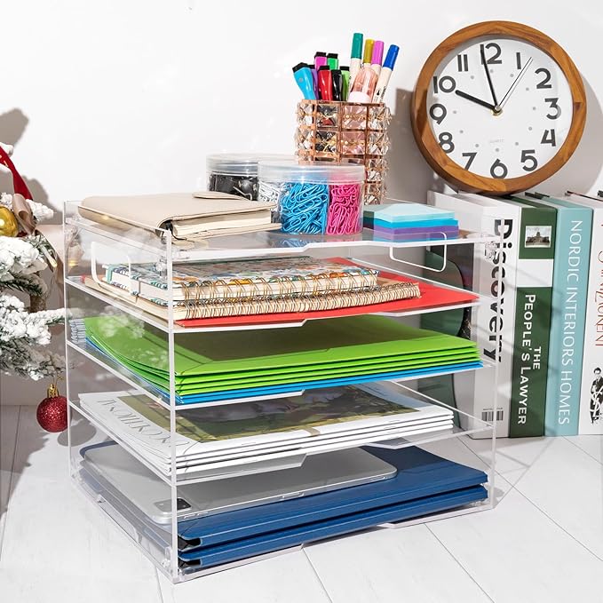 Paper Organizer File Letter Tray for Desk Office Organization Acrylic Folder Document Accessories Storage, Home School Desktop Supplies, 5 Tier with Handle