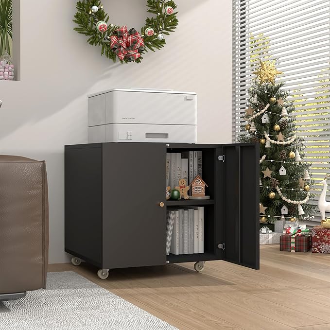 Printer Stands with Storage, Desk Organizers for Home Workspace, Under Desk Black Small Rolling Printer Table Work Cart with Wheels Organizer Spaces for Office