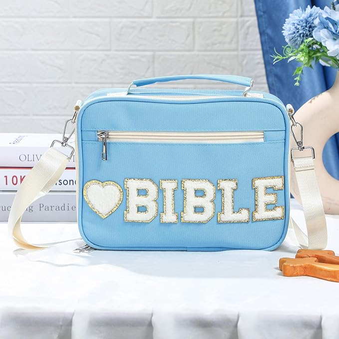 Silkfly Large Chenille Letter Bible Cover for Women Preppy Patch Bible Case Church Bible Bag with Handle(Blue)