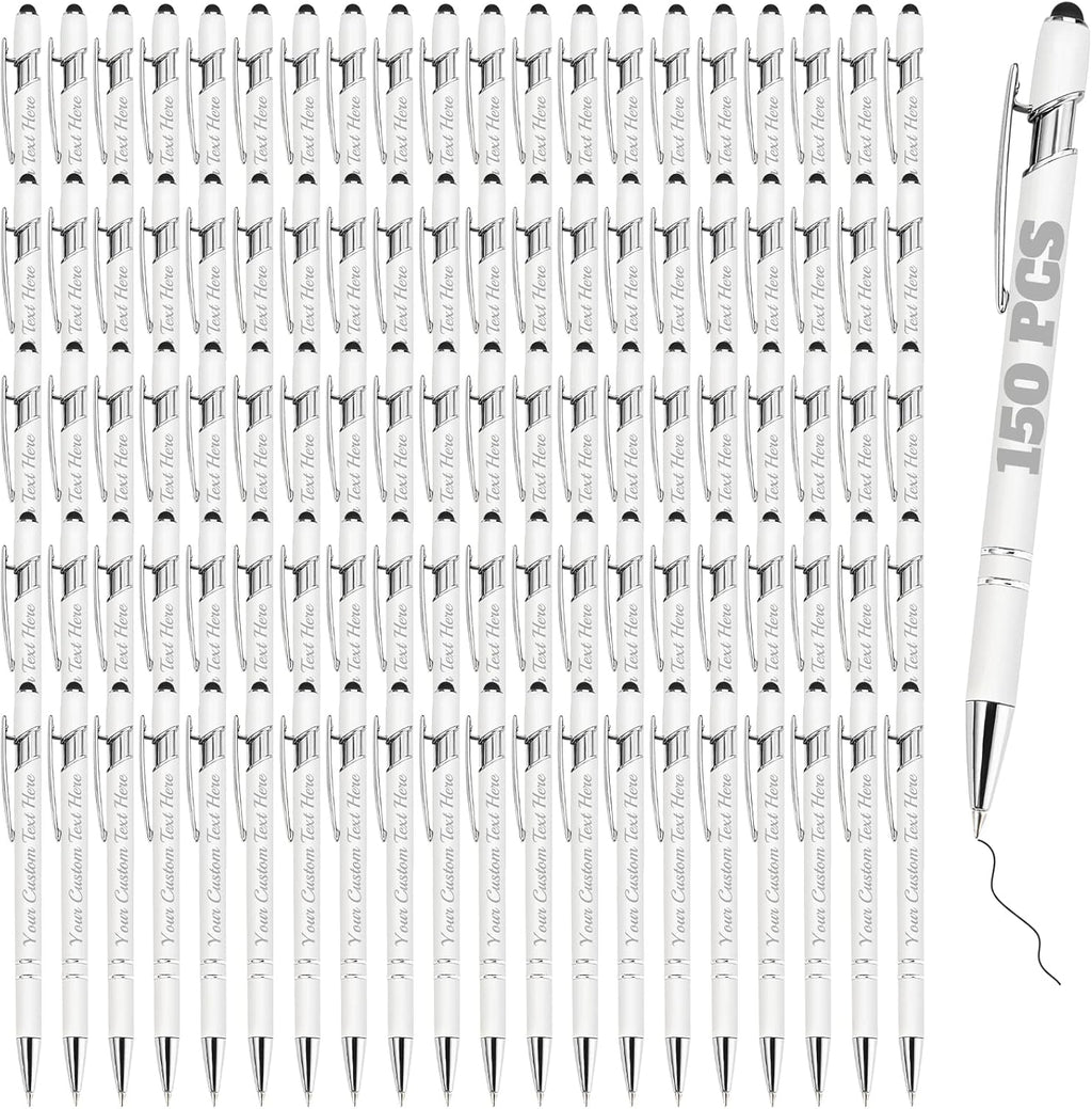 Personalized Pens Bulk 150 with Name Custom Engraving Ballpoint Pens with Stylus Tip Customized Smooth Writing Pens Personalized Gifts for Anniversary Birthday or Graduation(White,Black Ink)