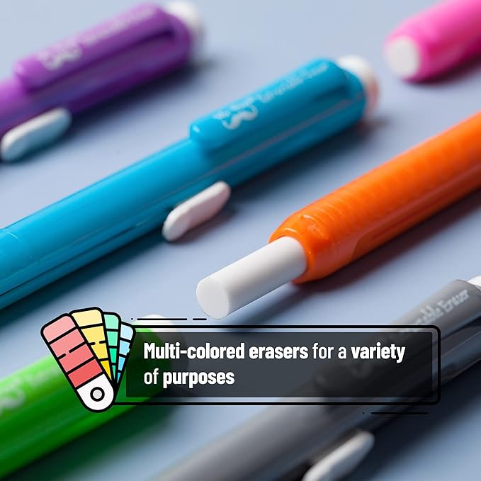 Mr. Pen- Retractable Mechanical Pencil Eraser, Pack of 6, Vibrant Colors, Artist & Pen Eraser