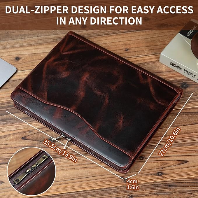YIWEN Handmade Crazy-Horse Leather 3 Ring Binder Portfolio Padfolio Folder with Zipper for Men and Women, Business Organizer for Letter A4 Size for Meeting and Travel (Custom, Oil Wax-Dark Brown)