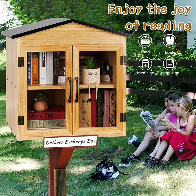 Outdoor Library Box Literature Exchange Box Outdoor Book Storage Little Wood Cabinet for DIY, Neighborhoods Community and Schools Sharing Books, Literature and Newspapers (20x14x21 Inch)