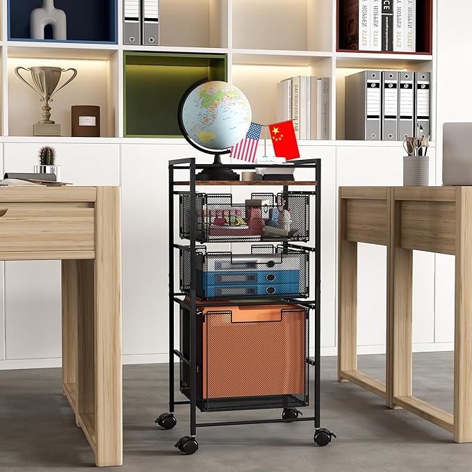 EasyPAG Rolling File Cabinet, Metal File Organizer Storage Cart, Mobile File Cart with Removable Drawers with 4 Swivel Casters Rolling Wheels Cart, 1 File Drawer and 2 Small Drawers, Black