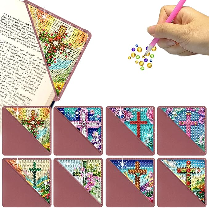 Diamond Art Painting Bookmarks,8Pcs DIY Cute Diamond Art Kits for Adults, Corner Bookmarks Small Crafts Kit Gifts for Women Book Lovers (Cross)