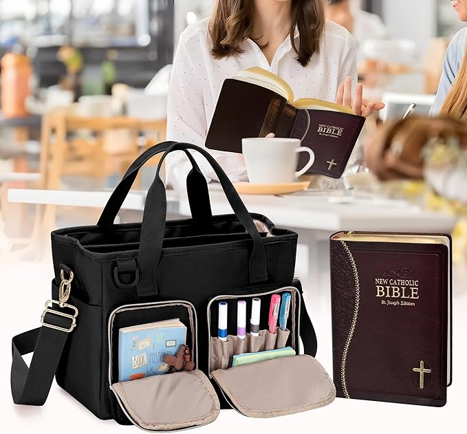 Teamoy Bible Tote Bag for Women, Bible Cover Carrying Case Church Bag with Water Bottle Pocket and Shoulder Strap, Black Quilted