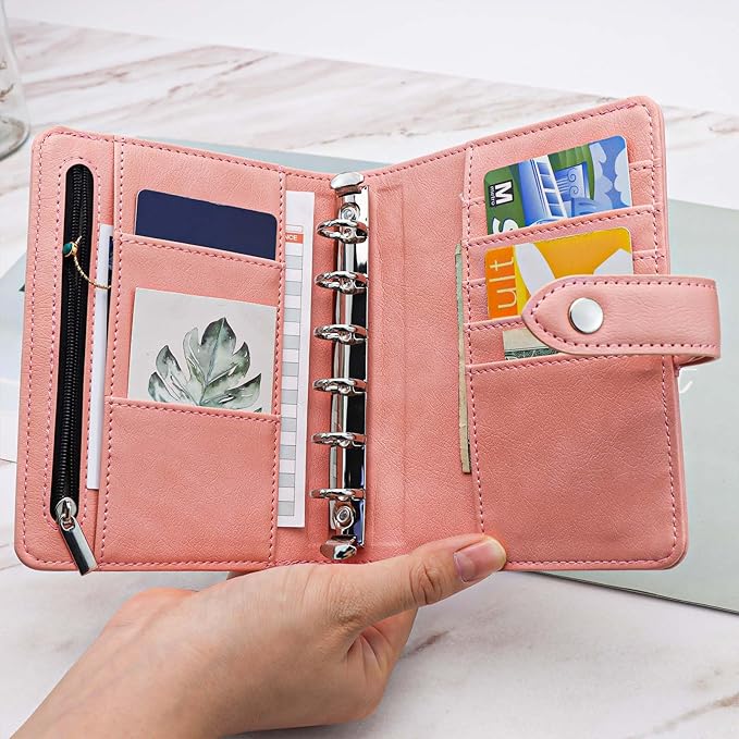 Mogoostry A7 Binder Cover Savings Binder Wallet Leather Binder Folder 6-Ring Refillable Notebook Binder Planner Cover Hardcover Budget Binder Organizer (Pink)