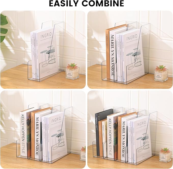 Vertical File Holder, Clear PET Desk Organizer and Storage Bins Holding for Magazines, Binders, Notebooks, Envelopes, Multi-purpose Plastic Document Organizer for Home Office, 4 pack