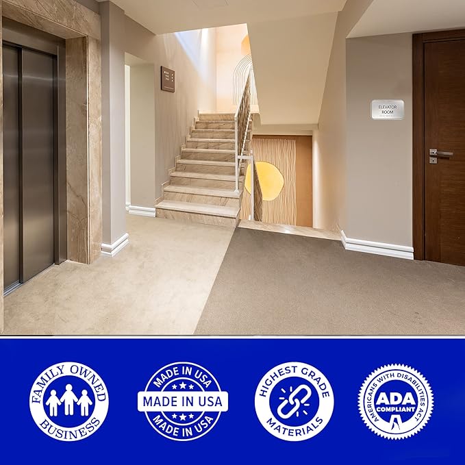 ADA Elevator Room Sign for Business - Office Signs, Aluminum Brushed Silver, Tamper-Proof, Heavy Duty Mounting Tape, Easy Install, Office Décor, ADA Compliant, Grade 2 Braille (7” W x 4” H) ADASigns.org