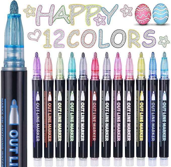 Easter Basket Essentials, 12 Colors Shimmer Markers Outline Glitter Pens, Easter Basket Stuffers for Teens, Teen Girl Gifts Trendy Stuff, Art Supplies Crafts Gifts for 4-12 Year Old Girls