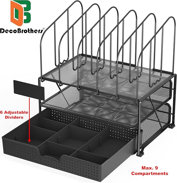 DecoBros Mesh Desk Organizer with Double Tray, 5 Upright Sections and Sliding Drawer, Black