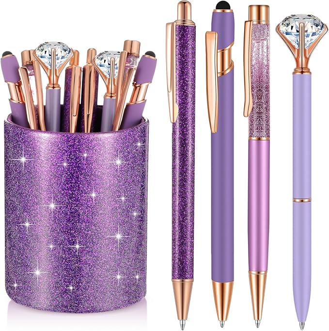Sabary 8 Pcs Ballpoint Pens with Pen Holder for Desk Glitter Crystal Diamond Fancy Pencil Holder Bling Desk Organizer Cute Stationery Supplies for Women Girls Wedding Office School Gifts(Violet)