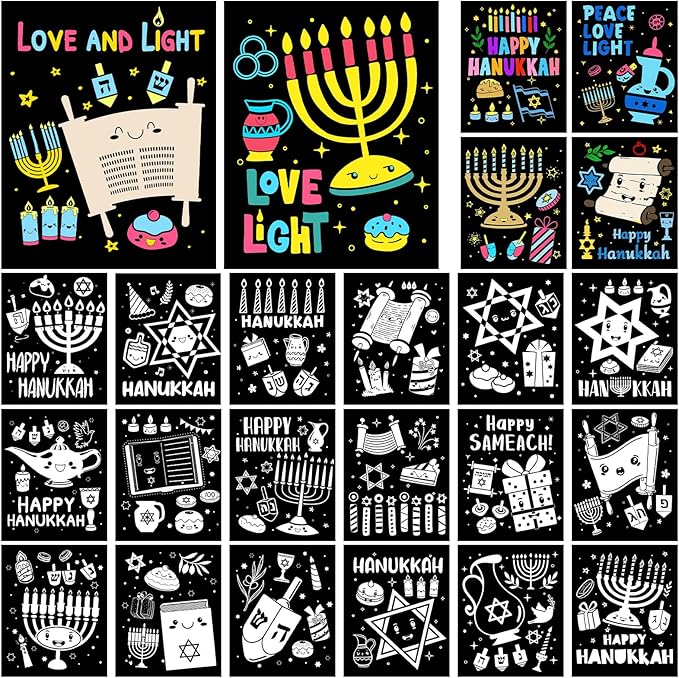 Zhanmai 48 Pcs Color Your Own Fuzzy Hanukkah Posters Happy Hanukkah Fuzzy Velvet Coloring Posters DIY Felt Craft Coloring Posters Crafts for Chanukah Home Holiday Party Activities