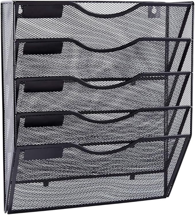 EASEPRES 5 Pocket Mesh Hanging Wall File Organizer, Wall Mounted Mail Paper Document Folder Holder, Clipboard Storage Organization Magazine Rack with Nametag Label for Office Home School, Black
