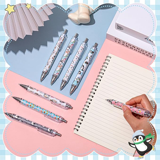 Ireer 8 Pcs Ballpoint Pens for Women 1.00 mm Cute Black Ink Fancy Pens Fine Point Smooth Writing for Journaling Aesthetic Office Supplies(Penguin)