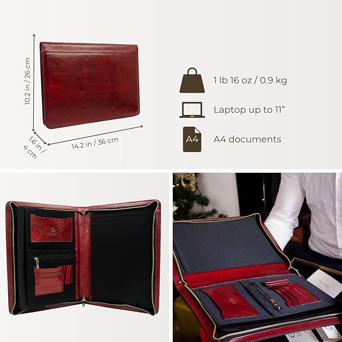 Time Resistance Leather Portfolio - A4 Document Folder - Padfolio - Italian Handcrafted Organizer Folio - Gift Box Included