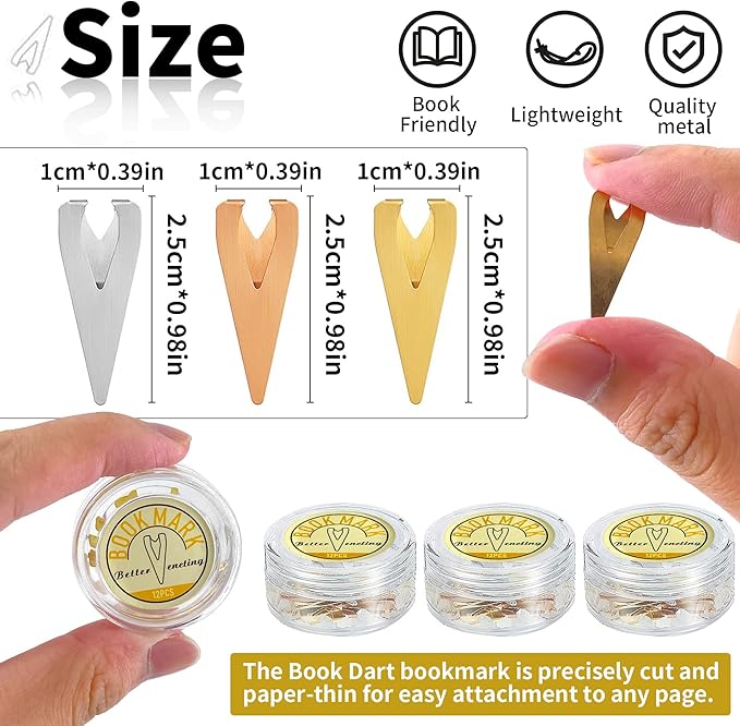 Diymood 3 Boxes Metal Bookmarkers Book Darts Tin Stainless Line Markers Book Darts Line Book Markers for Students Best Gift for All Types of Readers, 12 Per Box (Silver, Gold, Rose Gold)