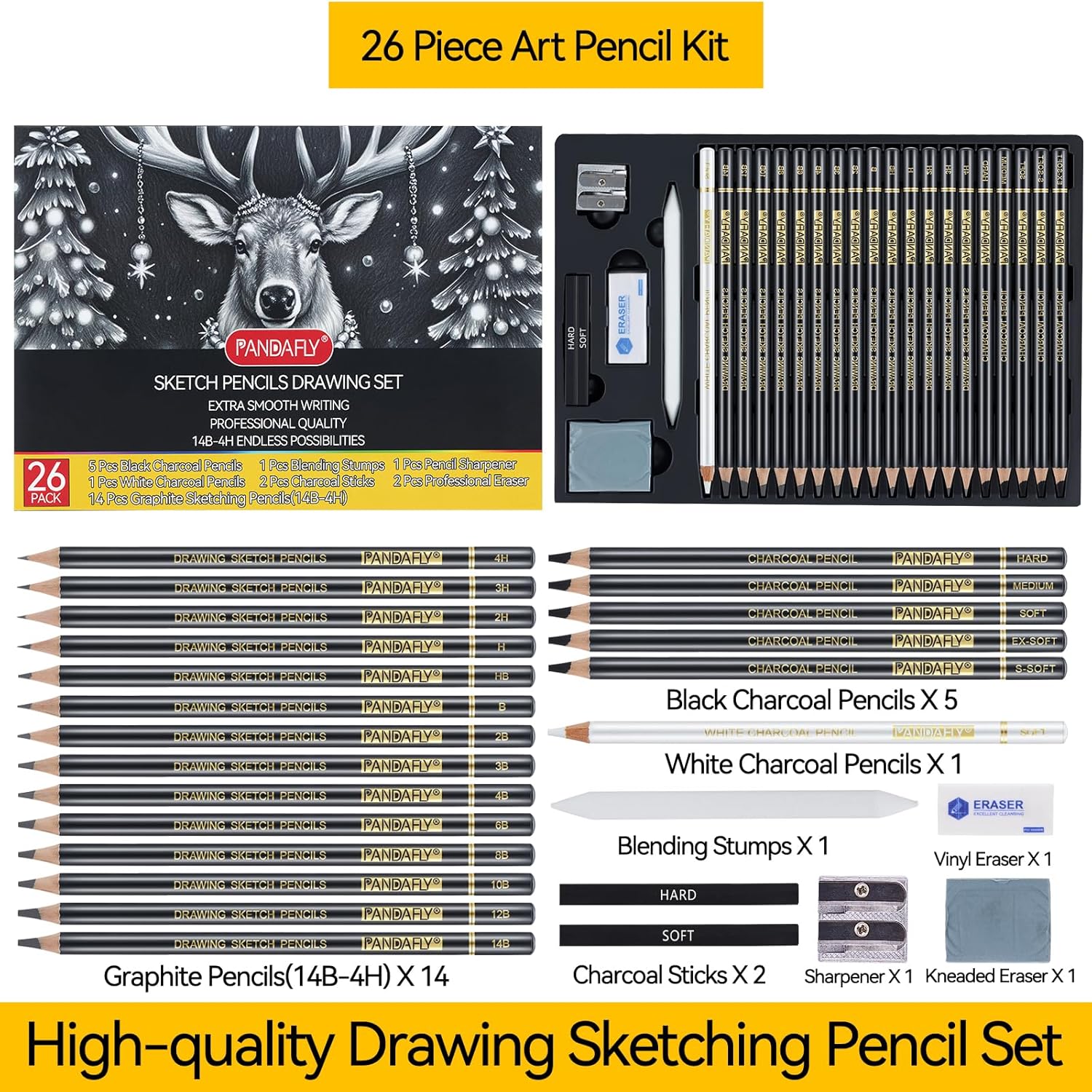 PANDAFLY 26-Piece Professional Sketch Pencil Set - Includes 4H to 14B Graphite Pencils, Charcoal Pencils, Charcoal Sticks, Vinyl Eraser, Kneaded Eraser, Sharpener, Blending Stump
