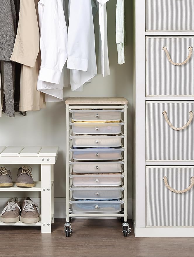 SunnyPoint Wooden Top Compact Rolling Storage 8 Drawers Organizer Mobile Utility Cart, Under Desk Storage Cart with Caster Wheels (Compact 8 Drawers, White)