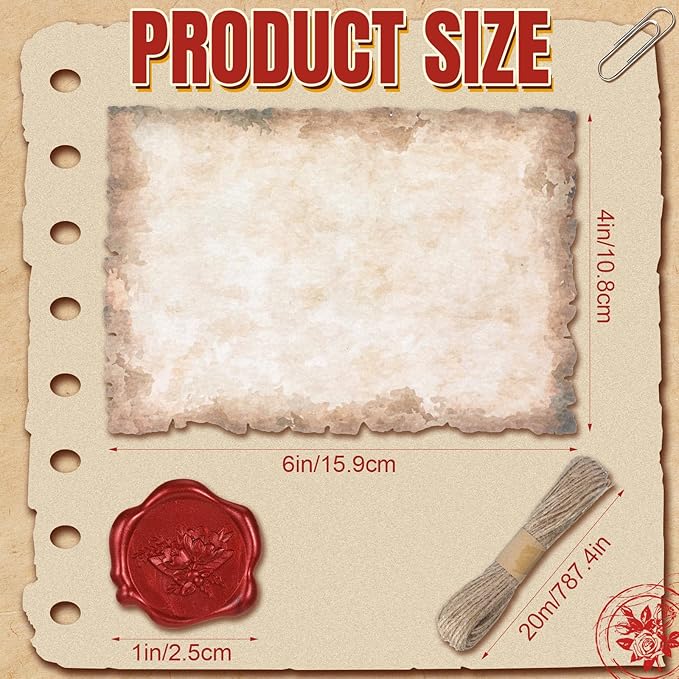 Vintage Writing Invitations Set Includes 100 Letter Antique Scroll Rustic Papers 100 Wax Seal Stickers 3 Strands of Twine for Valentines Mother Stationery Old Medieval Cardstock(4 x 6 Inch)