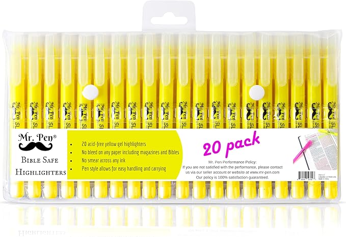 Mr. Pen- Gel Highlighters, Bible Highlighter, Pack of 20, No Bleed Highlighter, Fluorescent Yellow Highlighters, Dry Highlighter, Bible Study Highlighter, Bible Journaling Supplies