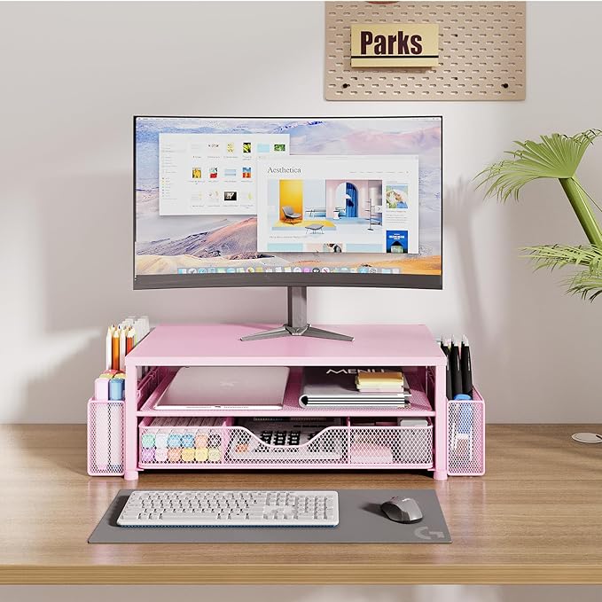 Desk Organizers and Accessories, 2-Tier Computer Monitor Stand for Desk Organizer with Drawer and 2 Pen Holders, Office Desk Accessories Workspace Desktop Organizers for Office Supplies, Pink