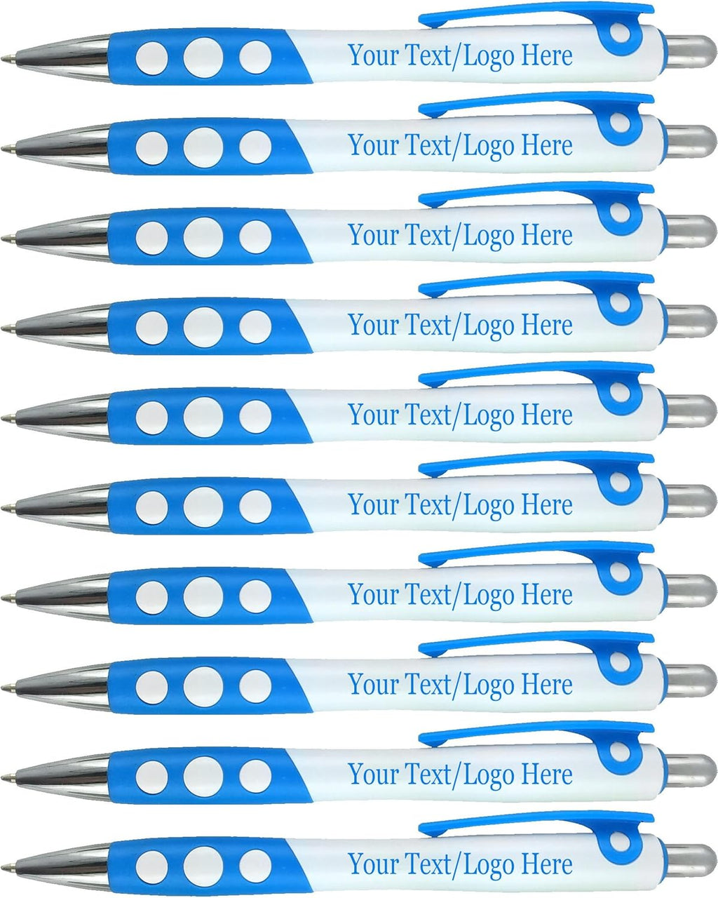 Personalized Ballpoint Pens With Custom Logo/ Text-350 Pack Bulk-for Businesses, Parties, & Events, Custom Printed, White Barrel with Matching Colored Clip and Grip, Click Pens, Black Ink, Light Blue