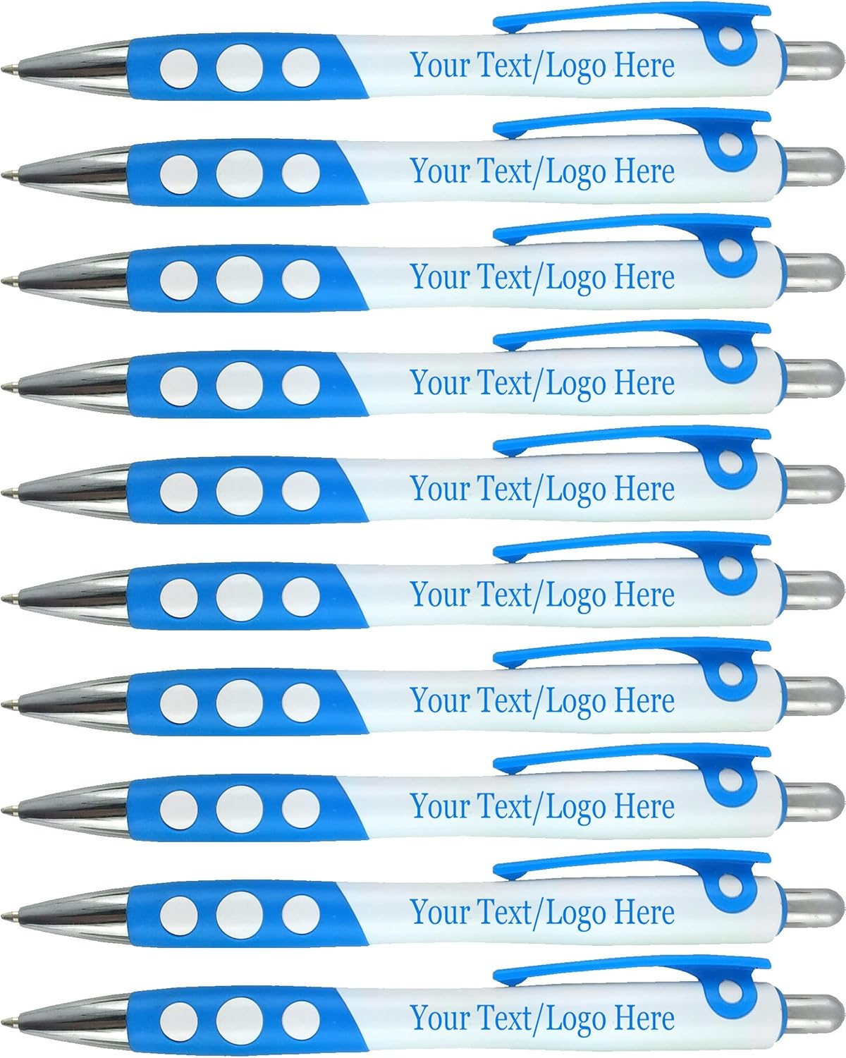 Personalized Ballpoint Pens With Custom Logo/ Text-350 Pack Bulk-for Businesses, Parties, & Events, Custom Printed, White Barrel with Matching Colored Clip and Grip, Click Pens, Black Ink, Light Blue