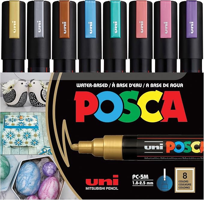 Posca Markers Set, 8 Medium Paint Markers 5M – Metallic Tones – Gold, Silver, Bronze, Metallic Blue, Metallic Green, Metallic Red, Metallic Pink, Metallic Violet