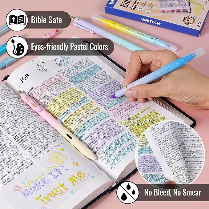WRITECH Bible Mate Journaling Set: No Bleed Aesthetic Highlighters & 1.0 mm Black Ballpoint Pens, Bible Safe Dual Tip Highlighters, Pastel Colors, Fast-drying Ink, Bible Journaling Kit, 9ct