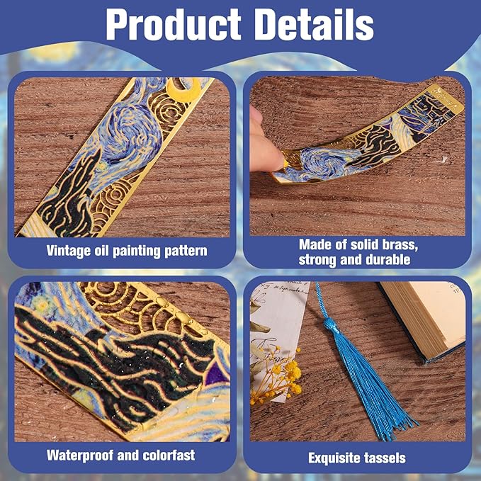 6pcs Metal Bookmarks with Tassel, Van Gogh Oil Painting Theme Vintage Bookmarks, Book Lover Gifts for Women, Golden Hollow Bookmarks, Fancy Aesthetic Bookmarks for Book Lovers, Stocking Stuffers