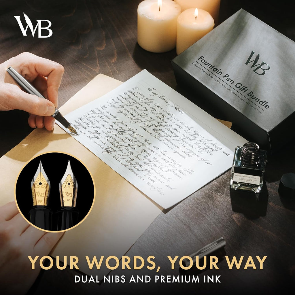 Wordsworth & Black Fountain Pen Set,18K Gilded Medium and Extra Fine Nib,25ML Black Ink Bottle,6 Ink Cartridges,Refill Converter,Gift Box,Smooth Writing Pen [Silver Chrome],Gift Set for Men and Women