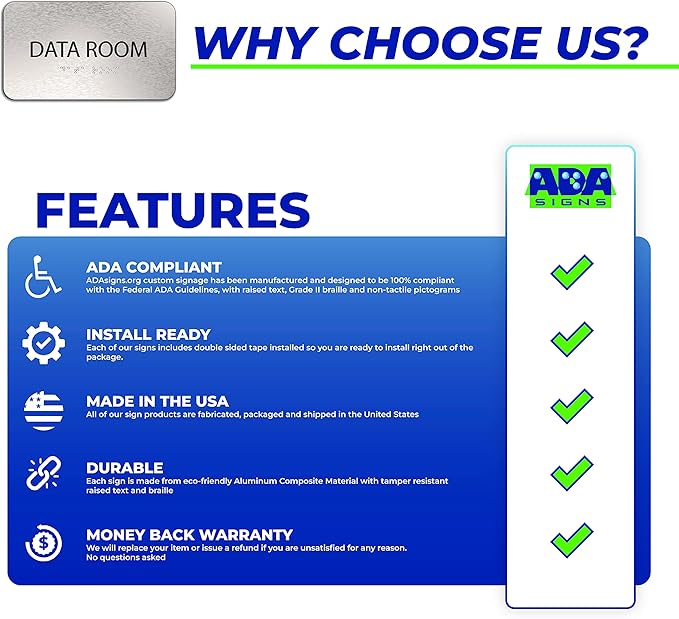 Data Room Sign for Business - Office Signs, Aluminum Brushed Silver, Tamper-Proof, Heavy Duty Mounting Tape, Easy Install, Office Décor, ADA Compliant, Grade 2 Braille (7” W x 4” H) ADASigns.org
