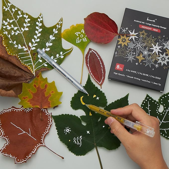 White Gold and Silver Gel Pen Set, 1mm Extra Fine Point Pens Gel Ink Pens Opaque Archival Ink Pens for Black Paper Drawing, Sketching,Card Making, Illustration, Bullet Journaling, 8 Pack