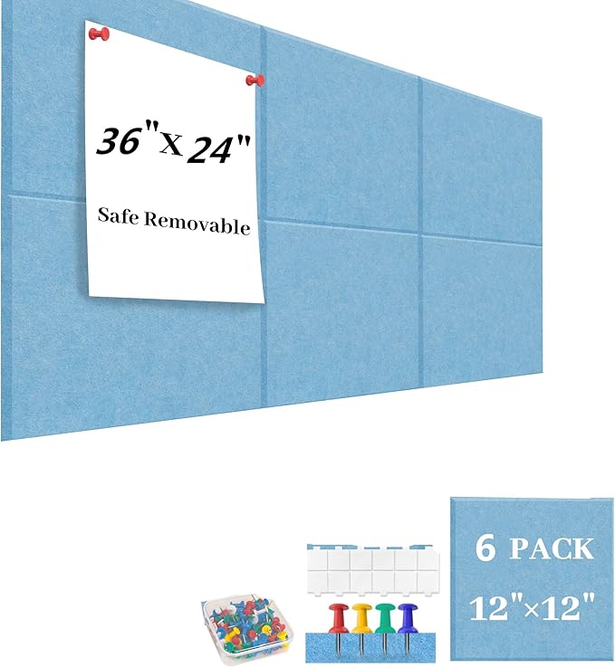 Large Cork Board for Walls Blue Felt Board Alternative -Felt Bulletin Board Tiles for Office Wall Decor,corkboard,Push pin Board Wall Organizer for Office -6Pack (Blue)
