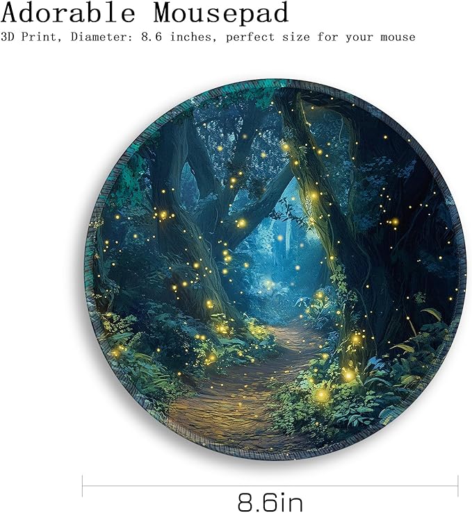 Gctriki Fireflies Forest Round Mouse Pad, with Stitched Edge Non-Slip Rubber Base, Small Travel Mouse Pad for Laptop Computer Desk Gaming, Cute Office Desk Accessories Decor for Women