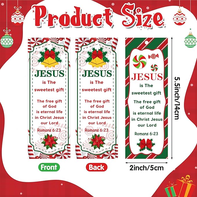 Haooryx 120pcs Christmas Theme Bookmarks, Christmas Candy Cane Pattern Bookmarks with Red Ribbons, Christian Religious Christmas Bookmark Party Favor for Sunday School Supply Classroom Students Reward