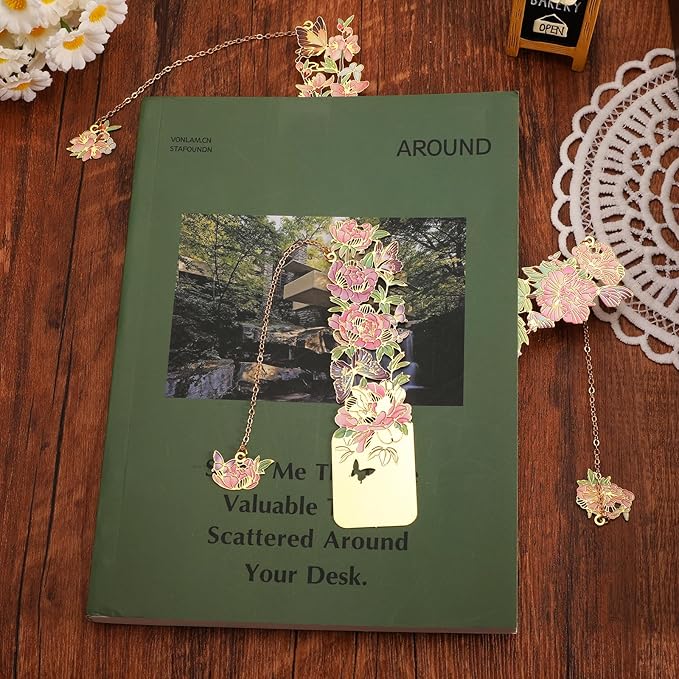 3 PCS Metal Bookmarks, Bookmarks for Reading Women, Pretty Bookmarks for Women, Beautiful Metal Bookmark, Beautiful Flower Bookmark, Peach Blossom, Cottonrose Hibiscus, Peony (BKM-050-001)