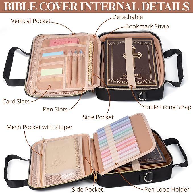 Bible Cover for Women Bible Case, Large Bible Bag w/ Shoulder Strap, Bible Study Supplies Bible Journaling Kit Book Carrying Case with Bible Highlighters Tabs, Christmas Christian Gifts for Women Lady