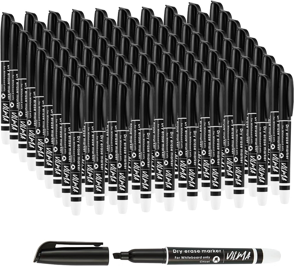 VILMA 90 Pack Black Whiteboard Markers, Dry Erase Markers with Chisel Tip, Bulk Classroom Office Supplies for White Board, School, Teachers, Kids, Non-Toxic, Low Odor