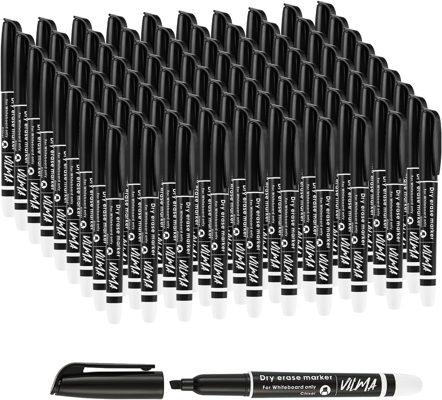 VILMA 90 Pack Black Whiteboard Markers, Dry Erase Markers with Chisel Tip, Bulk Classroom Office Supplies for White Board, School, Teachers, Kids, Non-Toxic, Low Odor