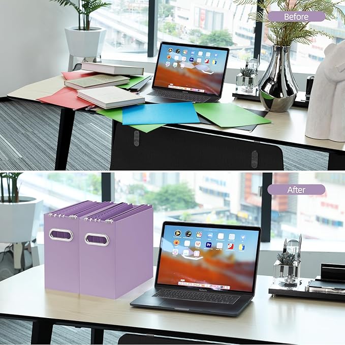 Oterri File Organizer, Small Storage Box, Cardboard File Folder Organizer, Collapsible File Box, Hanging File Organizer for Letter Size, Portable File Box, Only Box (Taro Purple,2 Packs)