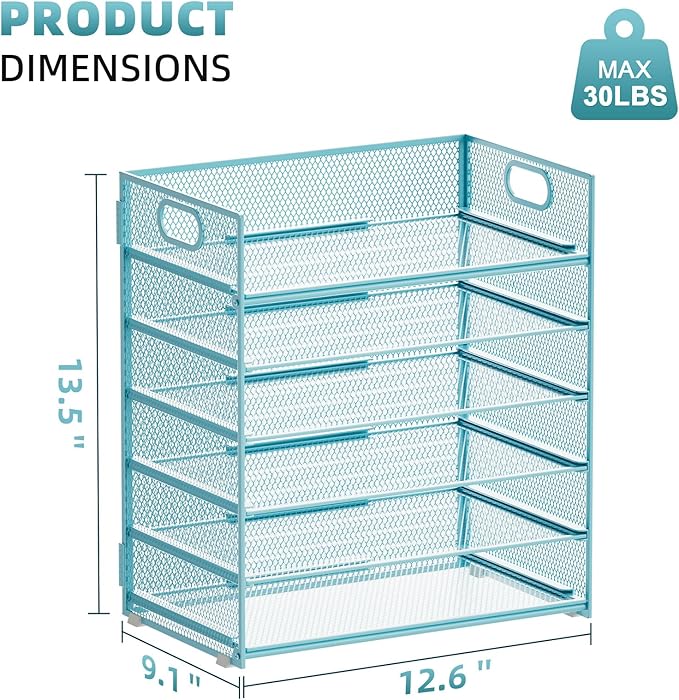 Marbrasse 6 Tier Paper Organizer Letter Tray - Mesh Desk File Organizer with Handle, Paper Sorter Organizer for Letter/A4 Office File Folder Holder -Blue
