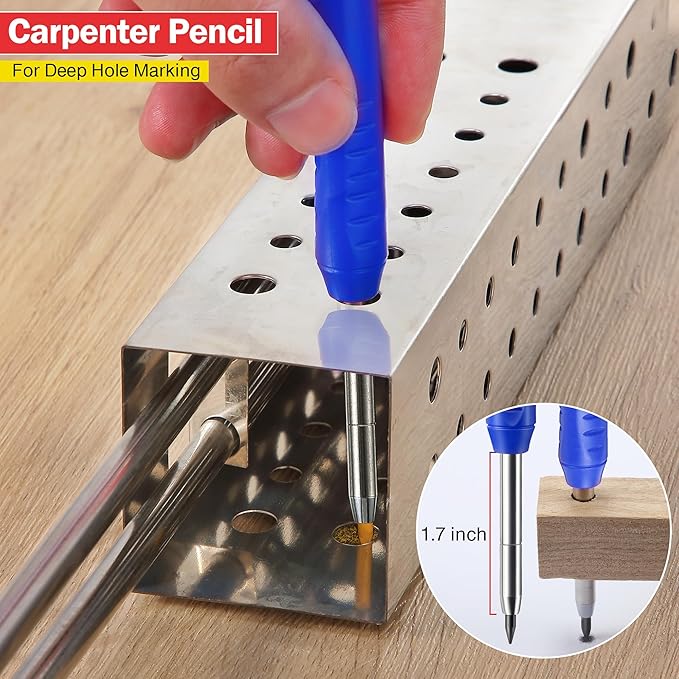 Hiboom 2 Pack Solid Carpenter Pencil with 14 Refill, Long Nosed Deep Hole Mechanical Pencil Marker with Built-in Sharpener for Carpenter Woodworking Architect with Design Patent (Black, Blue)