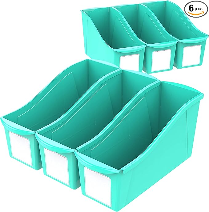 Storex Large Book Bin, Interlocking Plastic Organizer for Home, Office and Classroom, Teal, 6-Pack (71120U06C)
