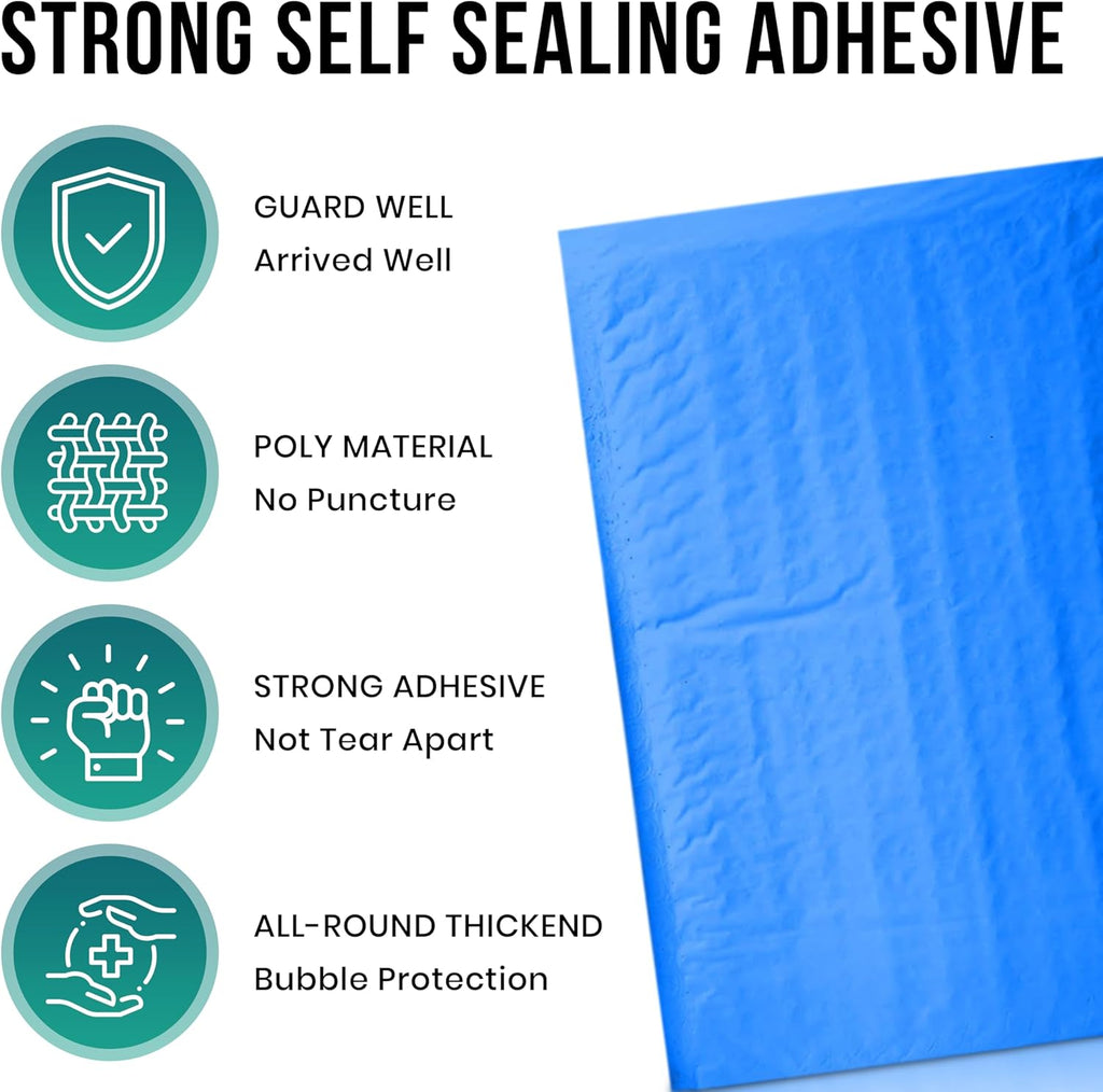 Levex - #000 4" x 8" [10 Pack] Blue Poly Bubble Mailers, Padded Envelope Mailers, Packing Envelope & Mailing Bags for Shipping