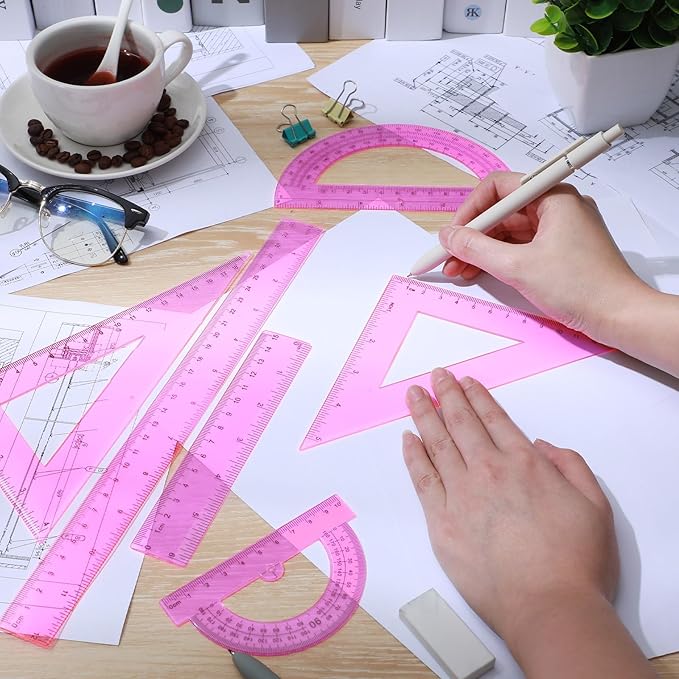 Tenare 6 Pcs Plastic Ruler Math Set Includes 12 Inch 6 Inch Straight Ruler Protractor Triangle Rulers Geometry Transparent Math Ruler Measuring Tools for School Office Home(Pink)