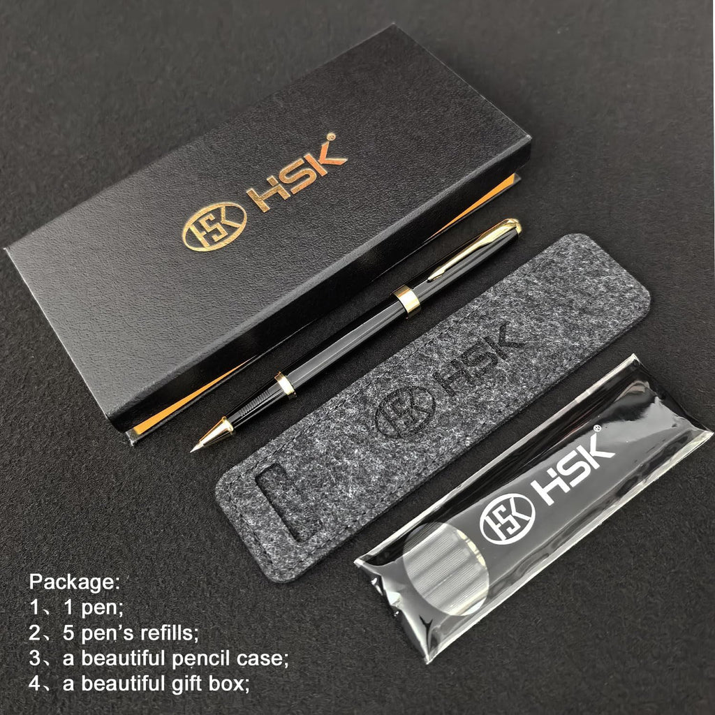 HSK Ballpoint Pens Executive Fountain Pen with Gold Trim, Gift Box Set, Available in Black, Red, Navy Blue,Black Refill Line width 0.5mm (Black)
