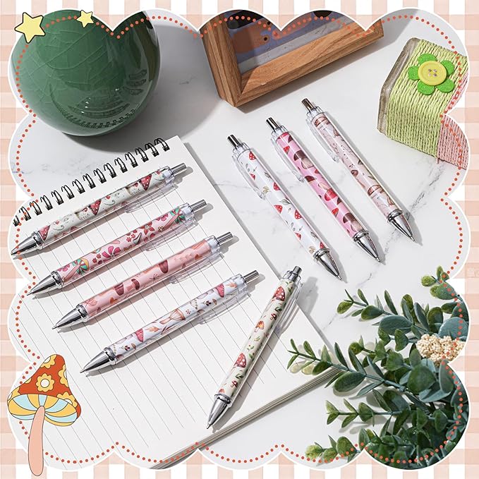 Ireer 8 Pcs Ballpoint Pens for Women 1.00 mm Cute Black Ink Fancy Pens Fine Point Smooth Writing for Journaling Aesthetic Office Supplies(Mushroom)