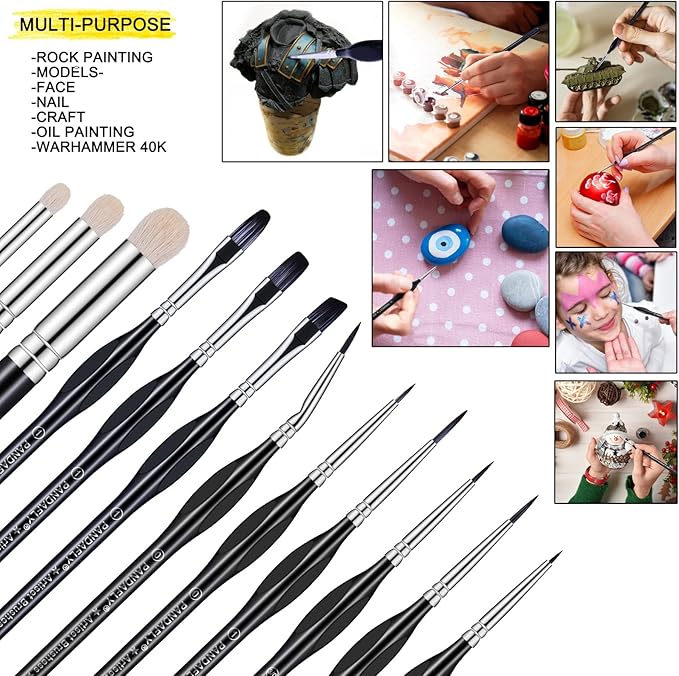 PANDAFLY Miniature Paint Brushes Drybrush, 12 Sizes Detail Paint Brush Set, Acrylic Paint Brushes for Oil, Watercolors, Tabletop, Citadel, Figurine, Warhammer 40k, Model for Beginners & Professional